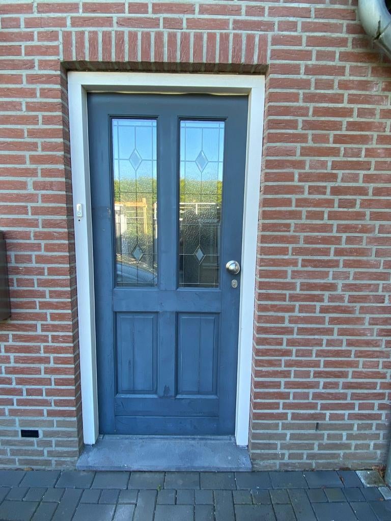 Hardhouten voordeur met glas in lood (93x211,5 cm), Ophalen, Gebruikt, 80 tot 100 cm, Buitendeur