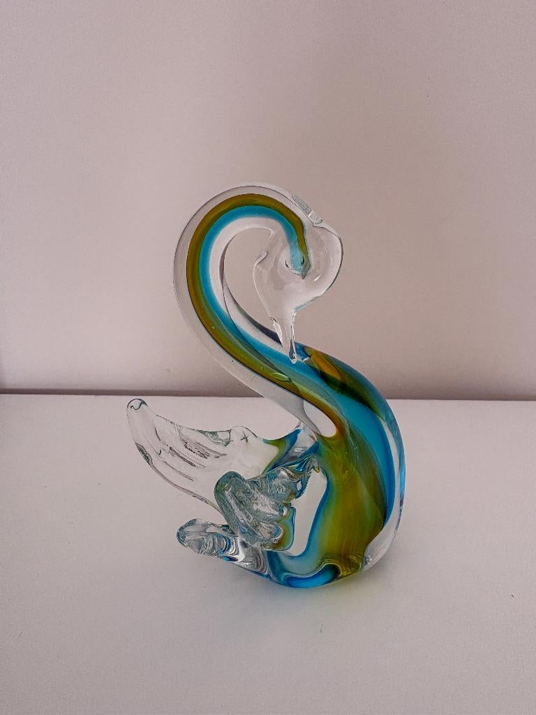 Vintage glazen zwaan, Murano Sommerso, blauw-groen, 12 cm, Ophalen of Verzenden