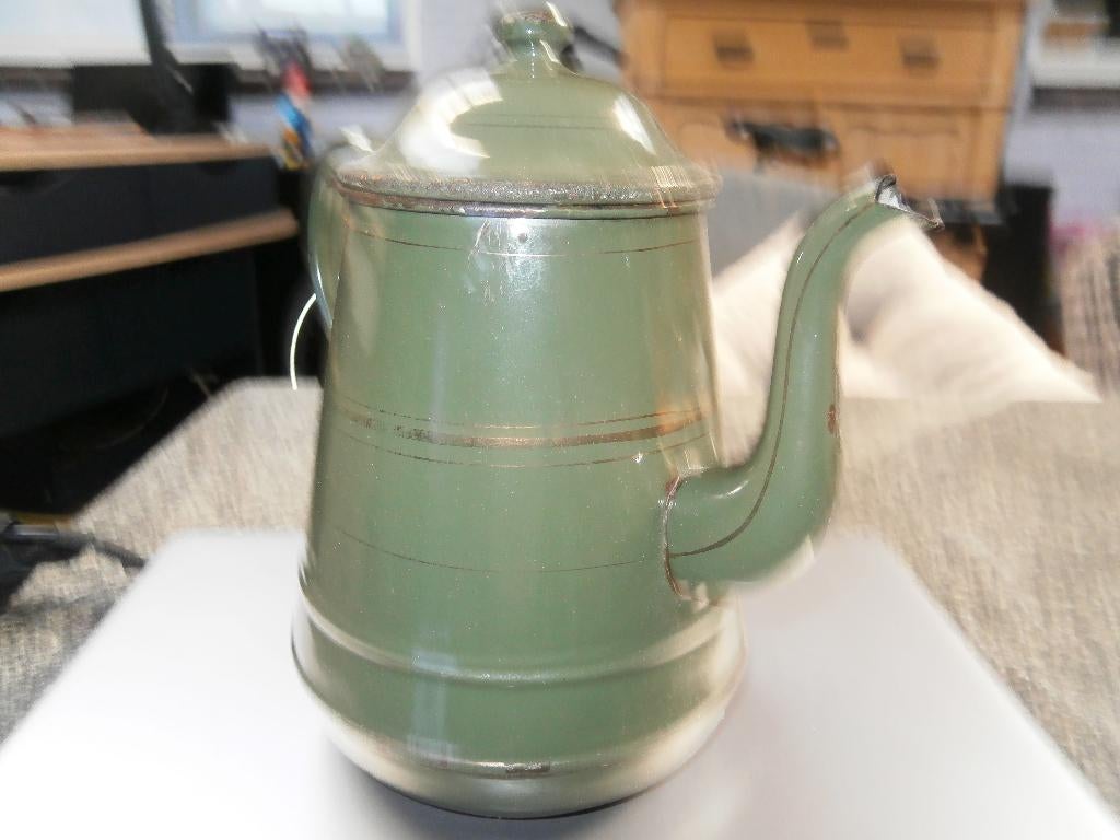 donkergroene koffiekan met bies, Antiek en Kunst, Antiek | Emaille, Ophalen of Verzenden