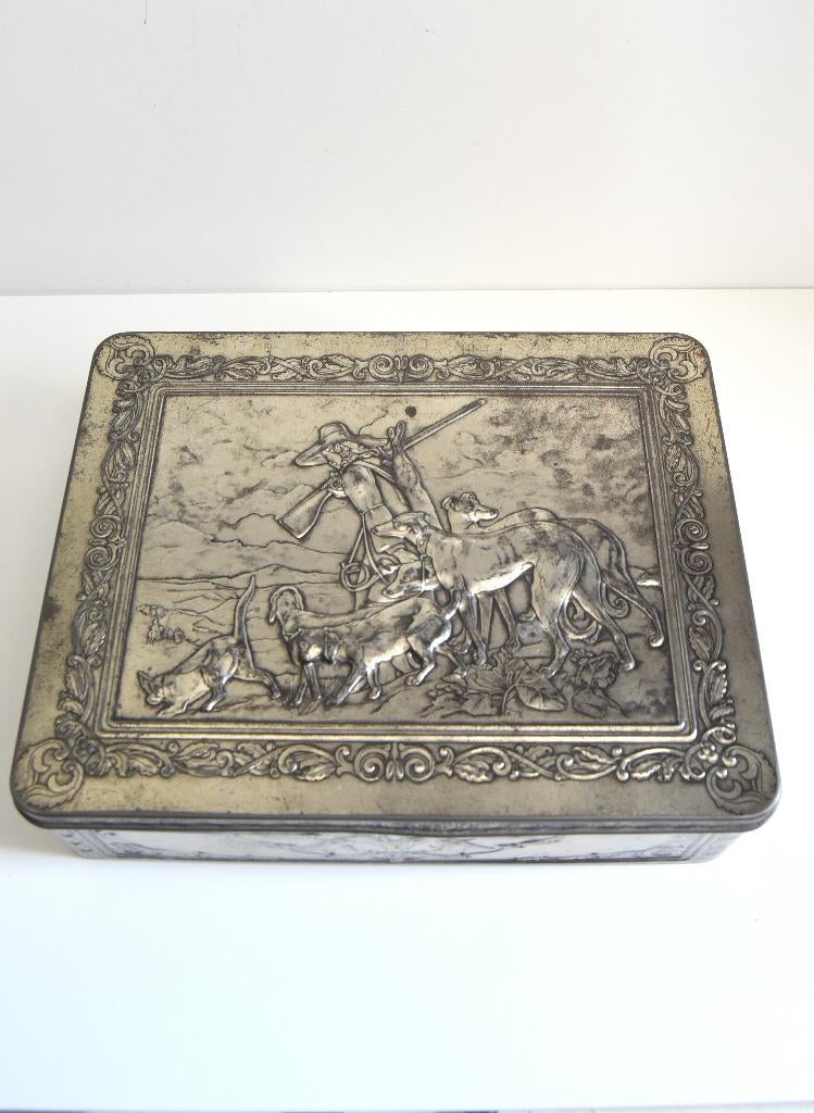 Grote blikken trommel met een jachttafereel, in goede staat, Antiek en Kunst, Ophalen of Verzenden