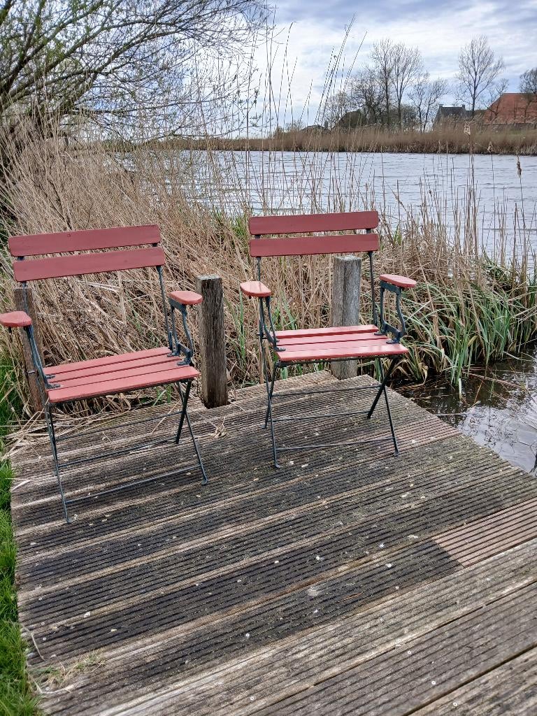 2 antieke terrasstoeltjes, Ophalen, Gebruikt, Metaal, Inklapbaar