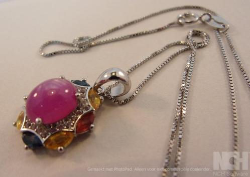 Zilveren ketting + hanger met Robijn/Saffier/Topaas NIEUW, Sieraden, Tassen en Uiterlijk, Kettinghangers, Nieuw, Zilver, Rood