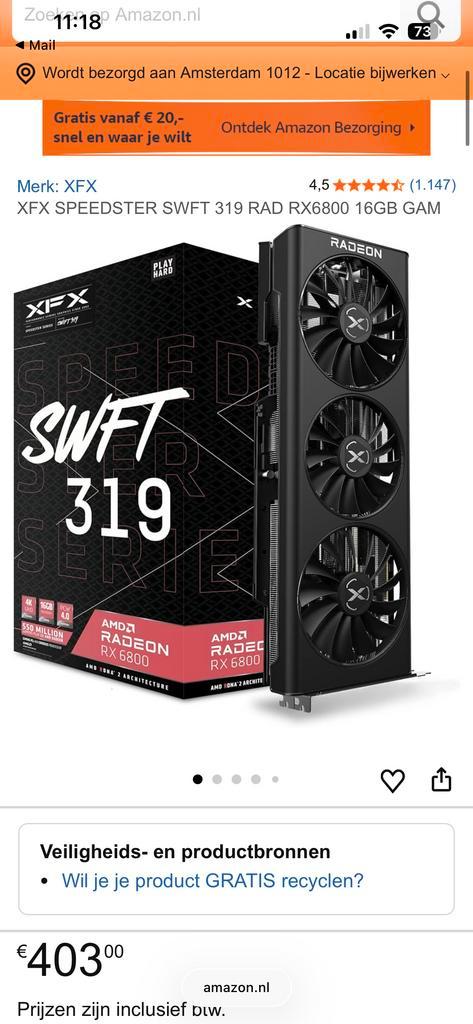 XFX Swift Radeon RX 6800, Computers en Software, Videokaarten, Gebruikt, AMD, PCI-Express 4.0, GDDR6, HDMI, DisplayPort, Ophalen of Verzenden