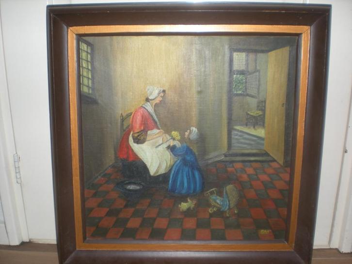 te koop apart groot schilderij moeder en kind bij open haard, Antiek en Kunst, Kunst | Schilderijen | Klassiek, Ophalen
