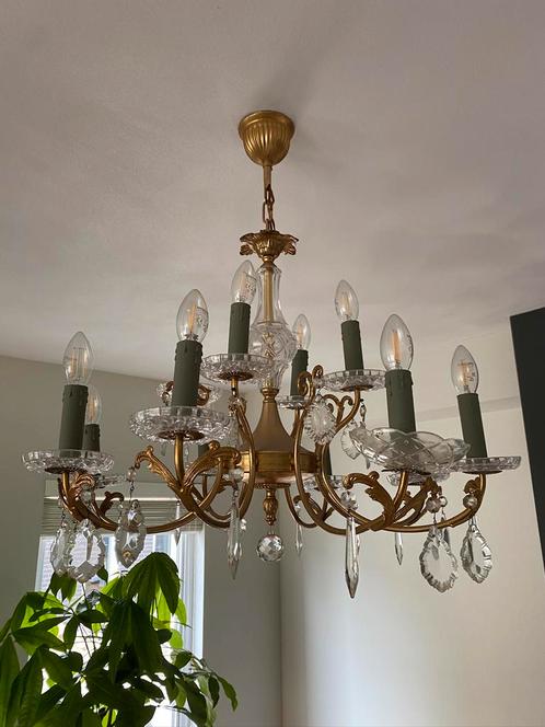 Authentieke kroonluchter-12 lampen, Huis en Inrichting, Lampen | Kroonluchters, Gebruikt, Glas, Metaal, Ophalen