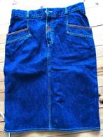 Denim blauwe rok met bruin leer afgezet/mt 40-42/ lang 68 cm, Maat 38/40 (M), Blauw, Ophalen of Verzenden, Zo goed als nieuw