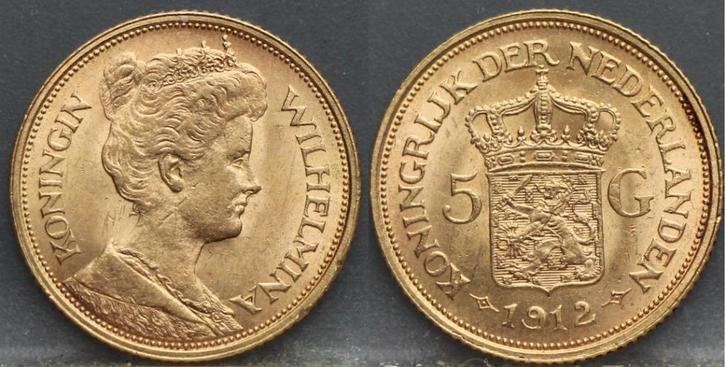 Mooi gouden vijfje - 5 gulden 1912 - Wilhelmina, Postzegels en Munten, Munten | Nederland, Losse munt, 5 gulden, Koningin Wilhelmina
