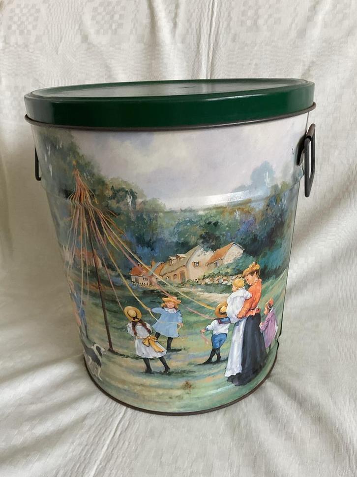 Vintage blikken emmer prullenbak schildering kermis bertels, Verzamelen, Blikken, Gebruikt, Overige, Overige merken, Ophalen of Verzenden