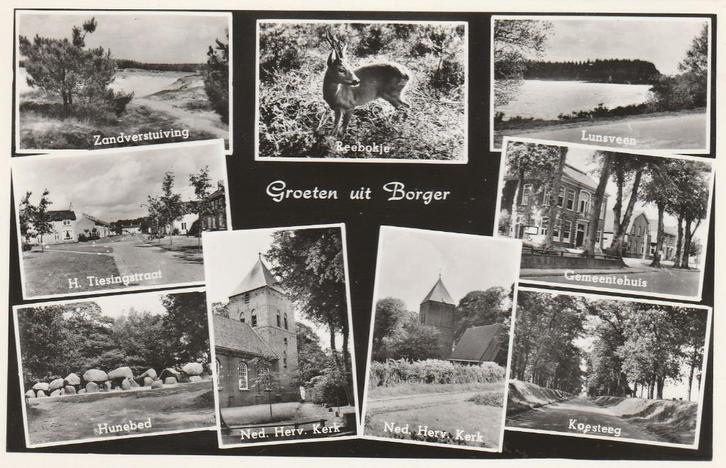 BORGER Zandverstuiving Tiesingstraat Kerk Lunsveen Groeten, Verzamelen, Ansichtkaarten | Nederland, Ongelopen, Drenthe, 1940 tot 1960