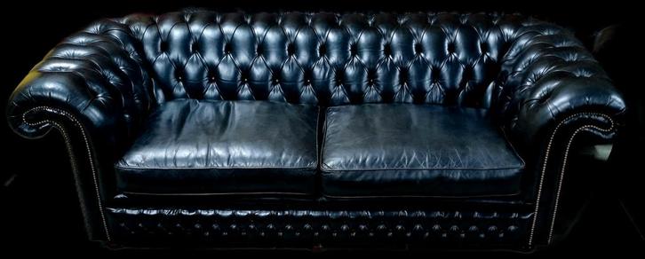 Chesterfield Springvale bank zwart leer + BEZORGING, Huis en Inrichting, Banken | Bankstellen, Gebruikt, Rechte bank, 200 tot 250 cm