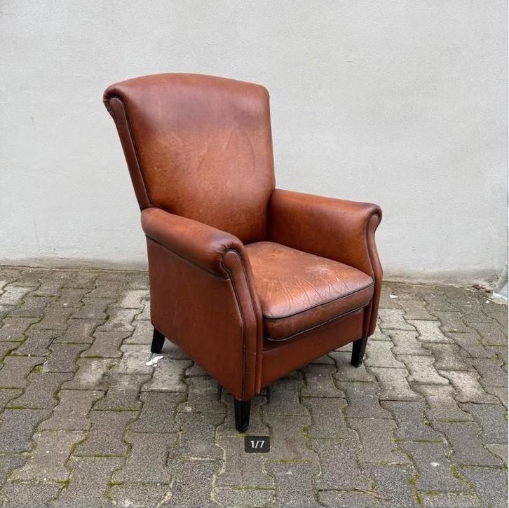 Vintage cognac Schapenleren Fauteuil, Huis en Inrichting, Fauteuils, Gebruikt, Leer, 50 tot 75 cm, 75 tot 100 cm, Ophalen