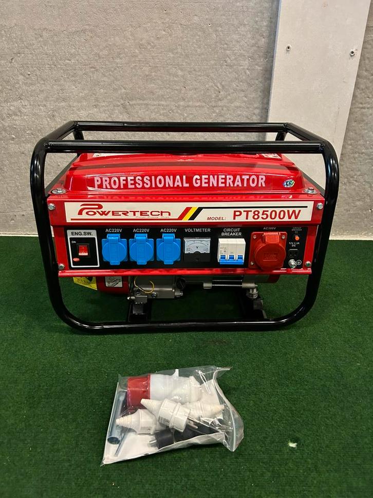 Nieuwe Powertech PT8500w benzine aggregaten 230/380V, Doe-het-zelf en Verbouw, Aggregaten, Nieuw, Benzine, Minder dan 5 kVA, Geluidgedempt