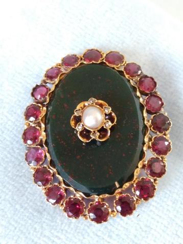 gouden BROCHE 3,9 cm, Parel, Diamanten, Rubeliet, Heliotroop beschikbaar voor biedingen