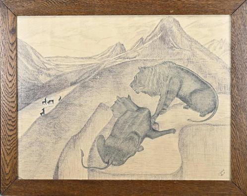Izaäk (Jacques) Vijlbrief (1904-1977) Leeuwen op rots 1933, Antiek en Kunst, Kunst | Schilderijen | Klassiek, Verzenden