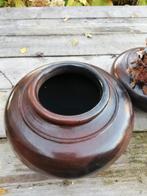 Set 3 donkerbruine grote vazen 32-28 cm doorsnee waterkruik, Ophalen, Overige kleuren, Aardewerk of Porselein, Zo goed als nieuw