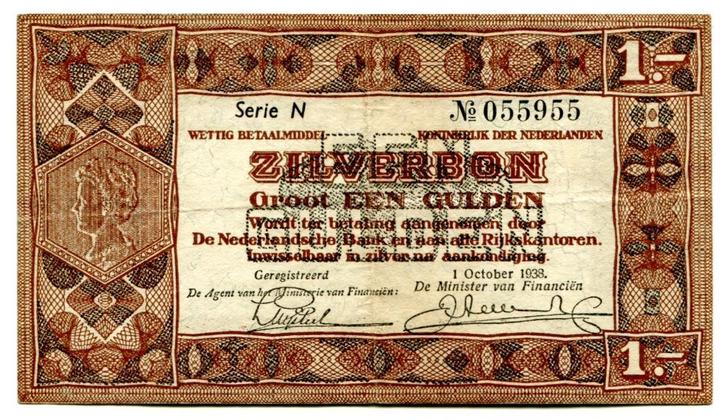 1 Gulden Zilverbon 1938 (PL 4a), Postzegels en Munten, Bankbiljetten | Nederland, Los biljet, 1 gulden, Ophalen of Verzenden