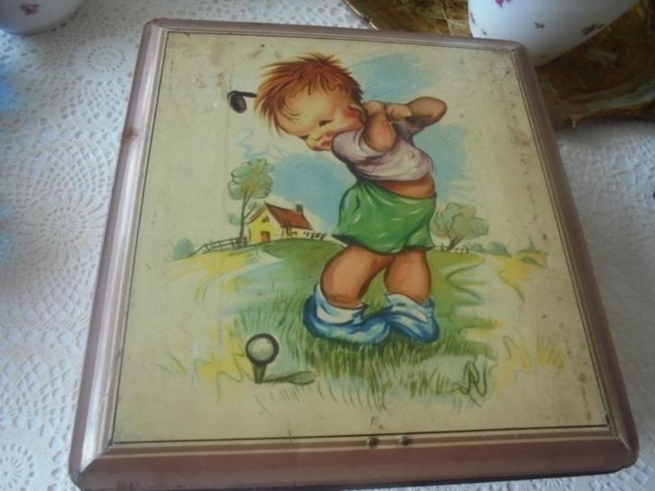 Brocante blikken trommel golvend jongetje, Antiek en Kunst, Curiosa en Brocante, Ophalen of Verzenden