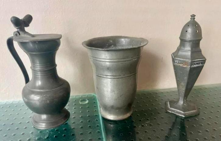 Tinnen Kan, Beker en Strooier Set, Antiek en Kunst, Antiek | Tin, Ophalen of Verzenden