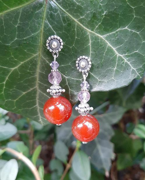 Oorbellen Natalia carneool-amethist-swarovski zilver, Sieraden, Tassen en Uiterlijk, Edelstenen, Nieuw, Ophalen