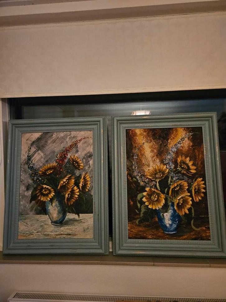 Tweeluik Schilderij met Zonnebloemen, Antiek en Kunst, Kunst | Schilderijen | Abstract, Ophalen of Verzenden