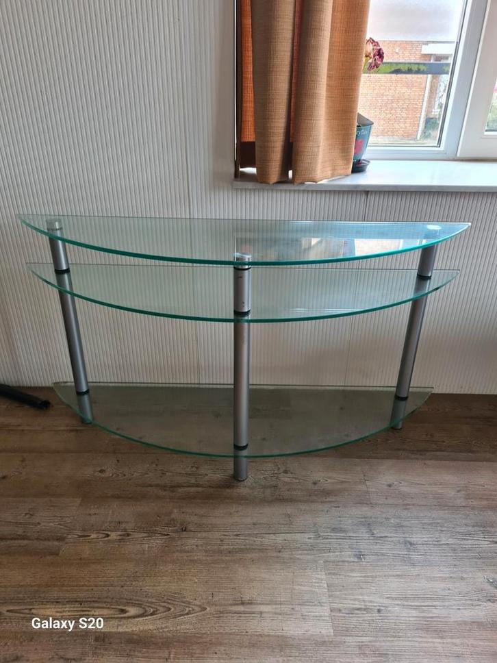 Glazen TV meubel met metalen frame, Huis en Inrichting, Kasten | Televisiemeubels, Zo goed als nieuw, 100 tot 150 cm, 100 tot 150 cm