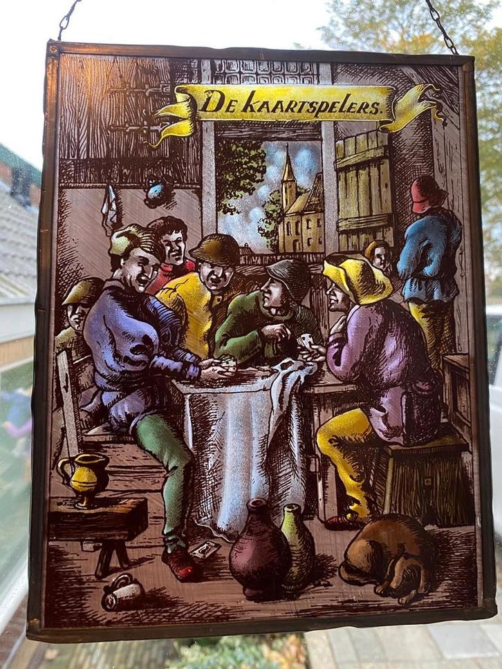 Glas in Lood Raamhanger - De Kaartspelers, Antiek en Kunst, Antiek | Wandborden en Tegels, Ophalen of Verzenden