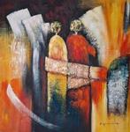 Schilderij met reliëf 100 x 100 cm geel oranje L. PARAMOUNT, Antiek en Kunst, Ophalen