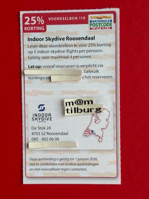 Voordeelbon 119 Indoor Skydive Roosendaal 25% korting., Tickets en Kaartjes, Kortingen en Cadeaubonnen, Drie personen of meer