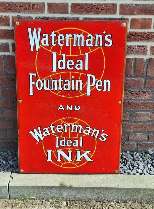 Emaille Waterman's Ideal Fountain Pen & Waterman's Ideal Ink, Verzamelen, Merken en Reclamevoorwerpen, Gebruikt, Reclamebord, Ophalen of Verzenden