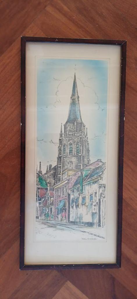 Kokie Molsbergen, kerk ingekleurd / kerk Voorschoten, Verzamelen, Foto's en Prenten, Gebruikt, Prent, Gebouw, 1960 tot 1980, Ophalen of Verzenden