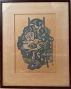 Linosnede aan tafel Mieke Burgers-Witteveen, Antiek en Kunst, Kunst | Etsen en Gravures, Ophalen