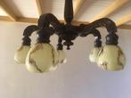 Antieke donkere houten hanglamp met 5 hangende glazen bollen, Antiek en Kunst, Ophalen