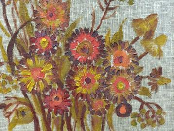 Origineel vintage oranje bloemen schilderij op linnen Pools beschikbaar voor biedingen