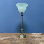 Sierlijke messing tafellamp met mintgroen glazen kap vintage, Ophalen of Verzenden