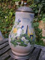 Oude faience Bierpul Kruik Pul, tinnen deksel en voetring, Ophalen of Verzenden