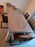 Eettafel met steiger bank en 2 cognac stoelen, Huis en Inrichting, Tafels | Eettafels, 200 cm of meer, Zo goed als nieuw, Rechthoekig