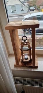 Houten zuil met houten  windlicht, Ophalen of Verzenden