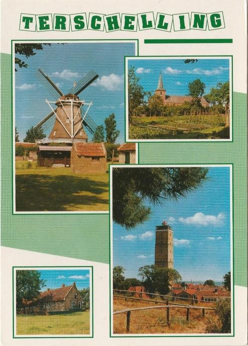 TERSCHELLING Molen Boerderij Kerk Brandaris Vuurtoren, Verzamelen, Ansichtkaarten | Nederland, Gelopen, Waddeneilanden, 1980 tot heden