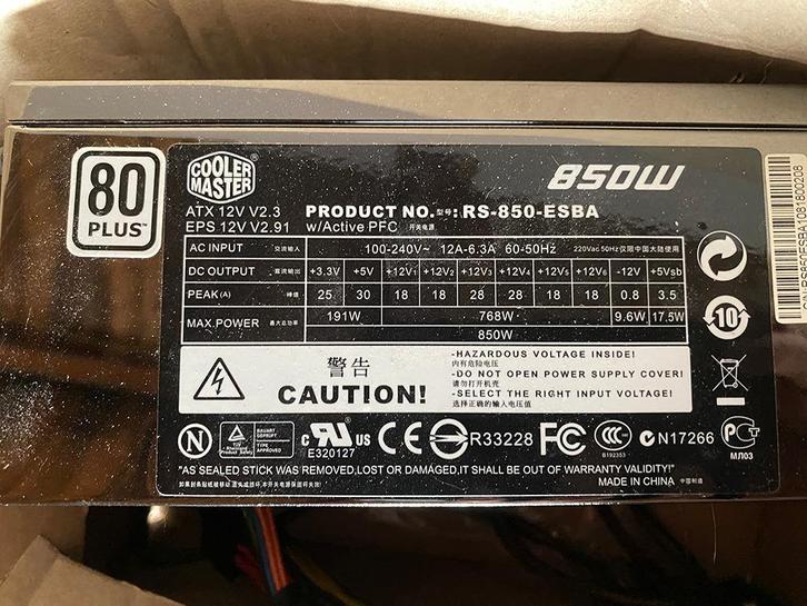 Cooler Master 850W RS-850 modulaire voeding 80-Plus, Computers en Software, Interne voedingen, Zo goed als nieuw, Ophalen