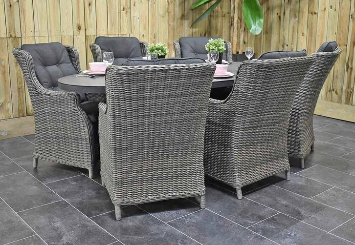 Akron Ovale Tafel 220 Keramischblad met 6 Darwin SHOWROOMMO, Tuin en Terras, Tuinsets en Loungesets, Zo goed als nieuw, Tuinset
