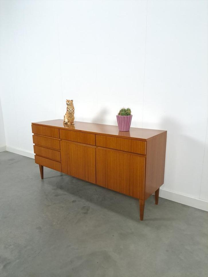 Teak fineer dressoir barkast met lades en klepdeuren, Huis en Inrichting, Kasten | Dressoirs, Gebruikt, 100 tot 150 cm, 25 tot 50 cm