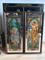 Twee spiegels met reproducties van Alphons Mucha, jaren ‘70, Antiek en Kunst, Ophalen of Verzenden, Rechthoekig