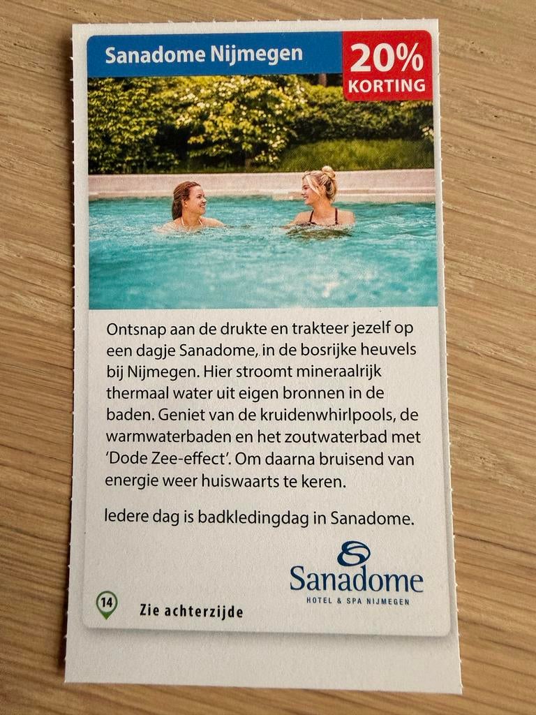 Kortingskaart voor Sanadome Nijmegen, Tickets en Kaartjes, Kortingen en Cadeaubonnen, Drie personen of meer, Kortingsbon, Spa of Sauna