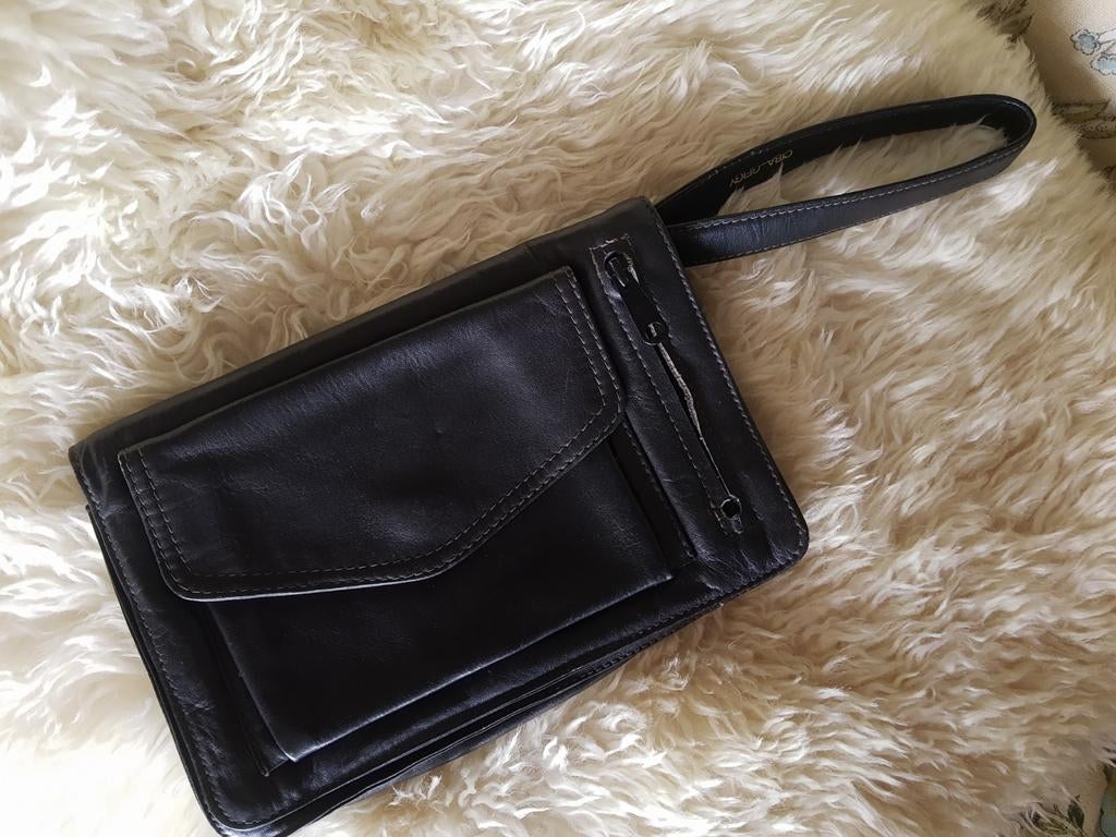 70's geweldige leren Zwitsers zwarte pols handtas wristlet, Ophalen of Verzenden, Zo goed als nieuw, Riem of Ceintuur, Echt leder