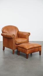 Mooie rundleren cognac-kleurige fauteuil/ armchair + hocker, Huis en Inrichting, Fauteuils, Ophalen, Gebruikt, ., Klassiek