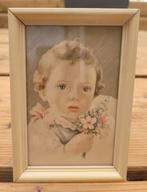 Vintage beige lijstje hout met prent kaart, Ophalen of Verzenden