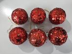 6 Kerstballen - rood - glitters, Ophalen of Verzenden, Gebruikt