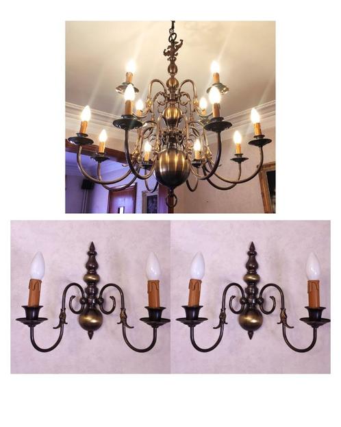 vintage antieke kroonluchter + 2 bijpassende wandlampen, Huis en Inrichting, Lampen | Kroonluchters, Zo goed als nieuw, Metaal
