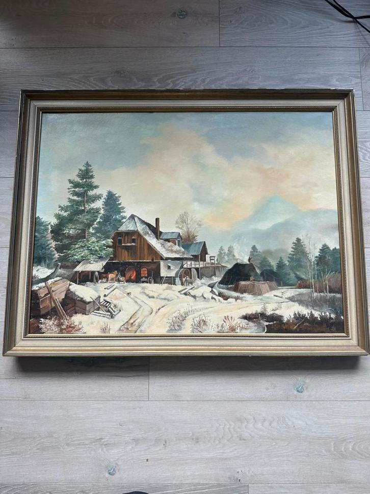 Winterlandschap met boerderij – gesigneerd Joss – 88,5x69 cm, Antiek en Kunst, Kunst | Schilderijen | Klassiek, Ophalen of Verzenden