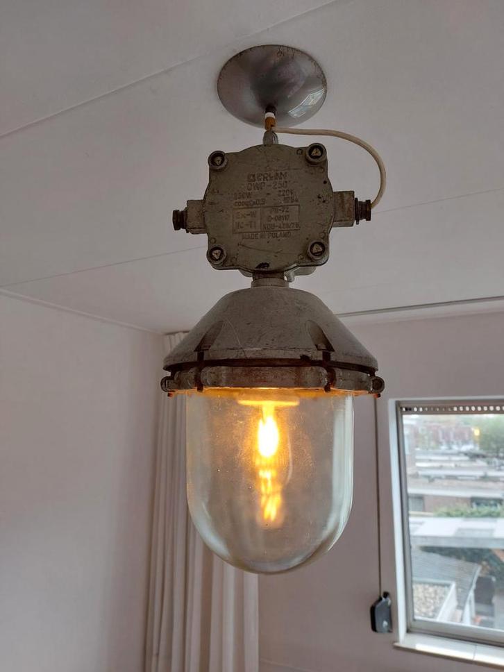 Industriële Plafondlamp, Huis en Inrichting, Lampen | Hanglampen, Gebruikt, Glas, Metaal, Ophalen